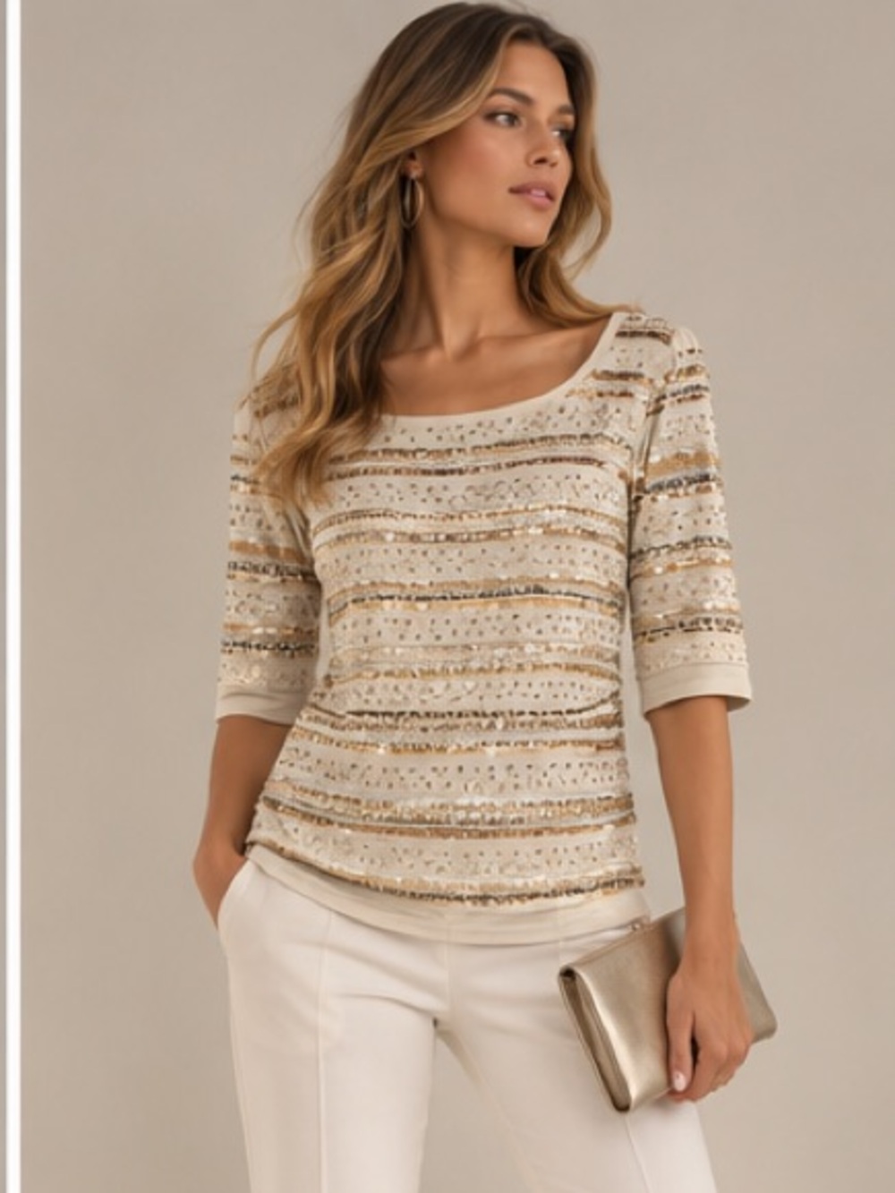 White House Black Market Gabrielle Striped Embellished Top in Cream Size Large